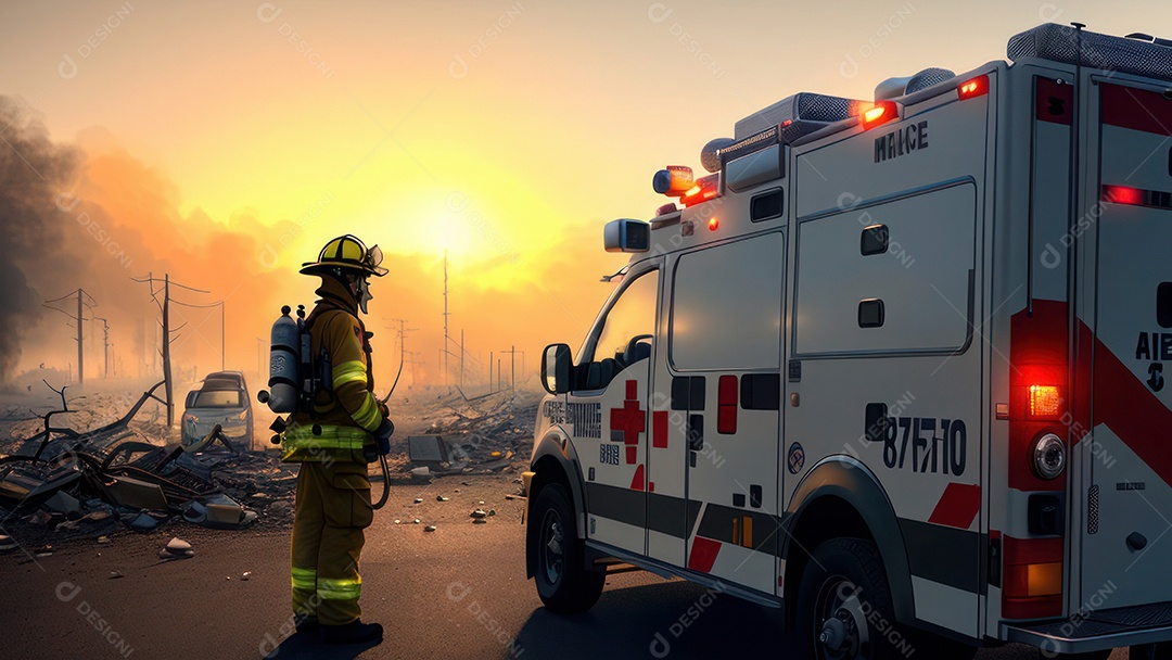 Imagem realista de bombeiro sobre vias publicas.