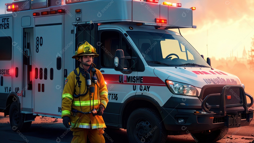 Imagem realista de bombeiro sobre vias publicas.