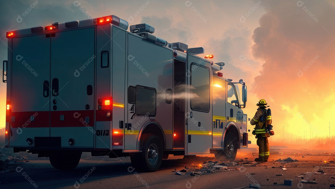 Imagem realista de bombeiro sobre vias publicas.