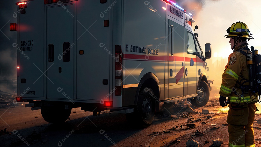 Imagem realista de bombeiro sobre vias publicas.