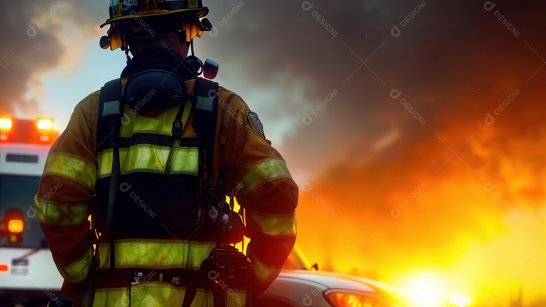 Imagem realista de bombeiro sobre vias publicas.