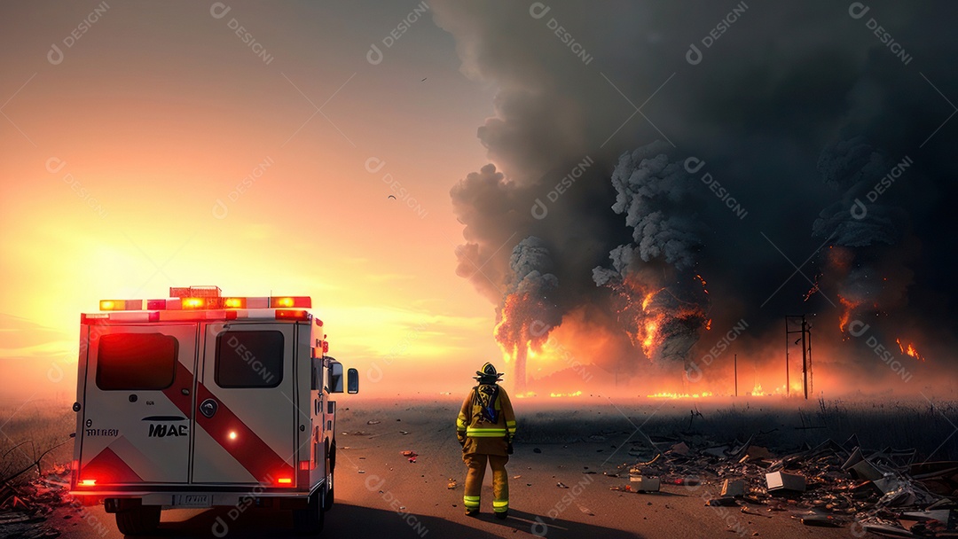 Imagem realista de bombeiro sobre vias publicas.