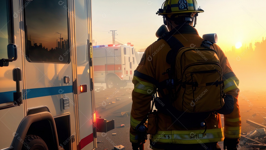 Imagem realista de bombeiro sobre vias publicas.