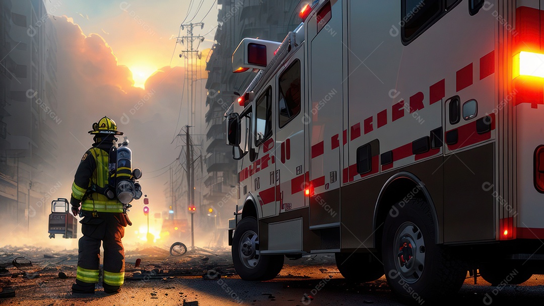 Imagem realista de bombeiro sobre vias publicas.