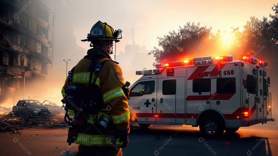 Imagem realista de bombeiro sobre vias publicas.
