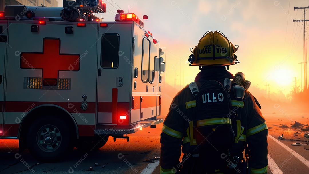 Imagem realista de bombeiro sobre vias publicas.