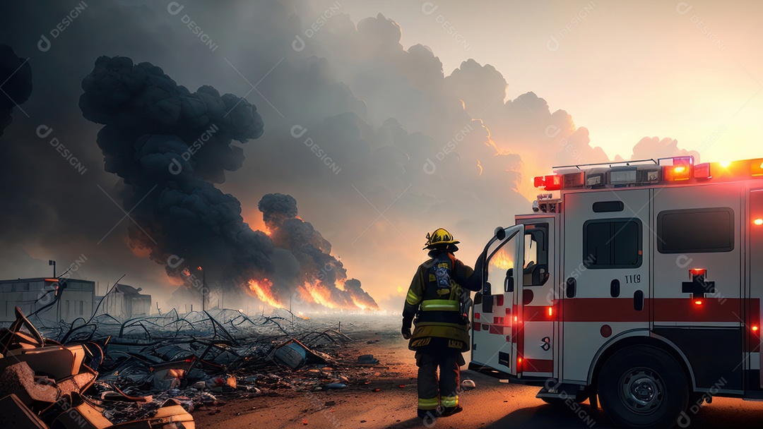 Imagem realista de bombeiro sobre vias publicas.