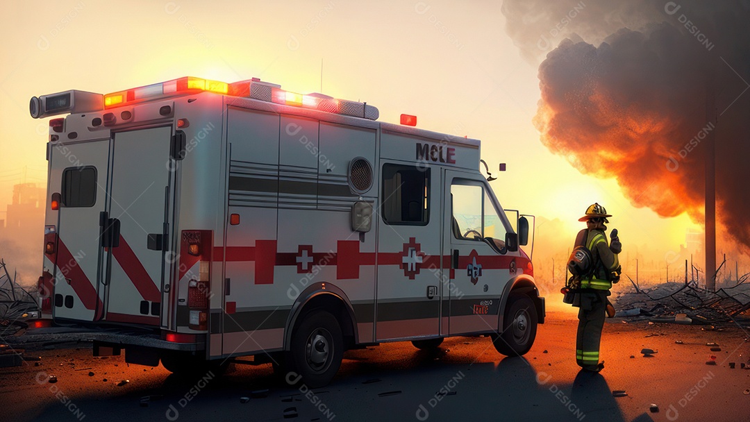 Imagem realista de bombeiro sobre vias publicas.