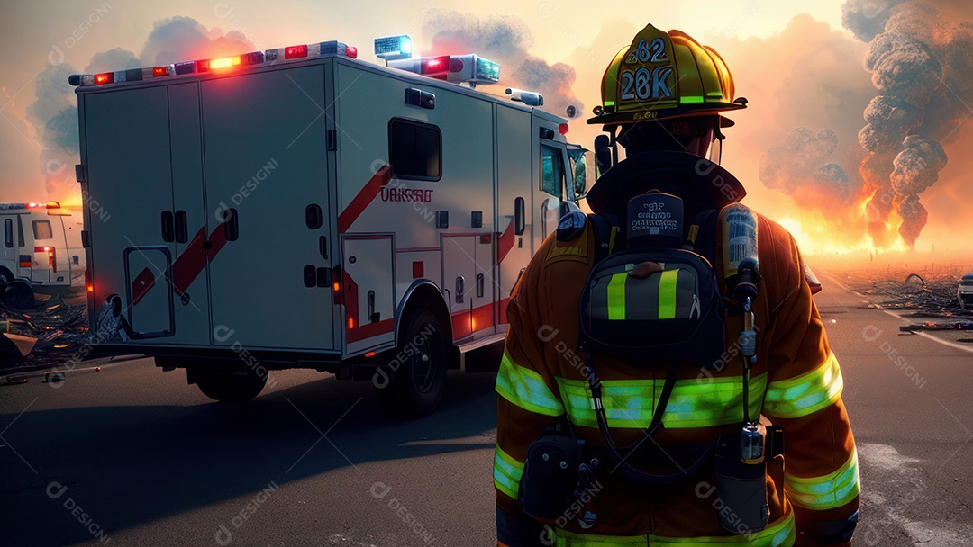 Imagem realista de bombeiro sobre vias publicas.