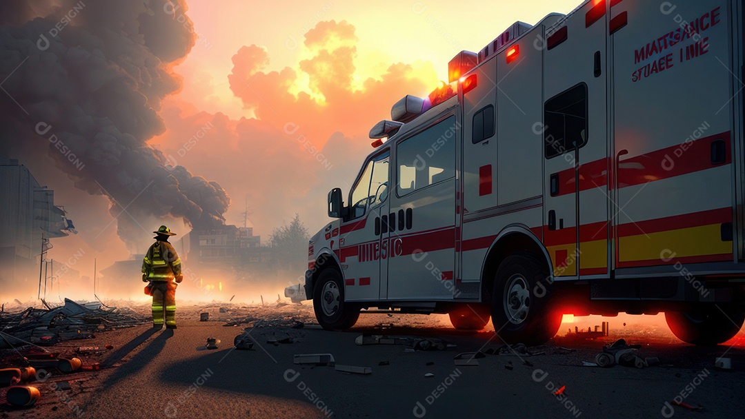 Imagem realista de bombeiro sobre vias publicas.