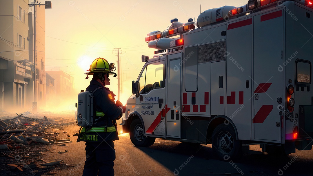 Imagem realista de bombeiro sobre vias publicas.