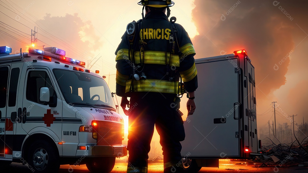 Imagem realista de bombeiro sobre vias publicas.
