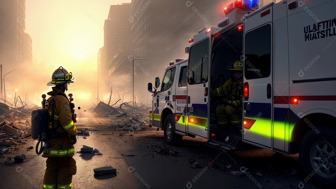 Imagem realista de bombeiro sobre vias publicas.