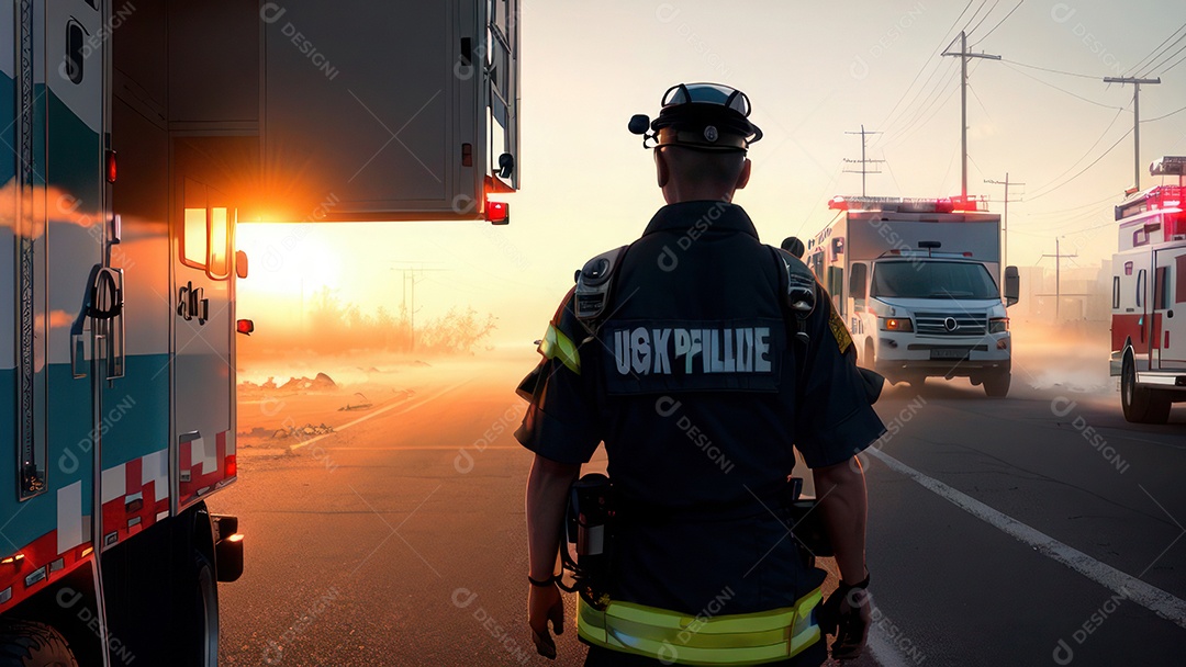 Imagem realista de bombeiro sobre vias publicas.