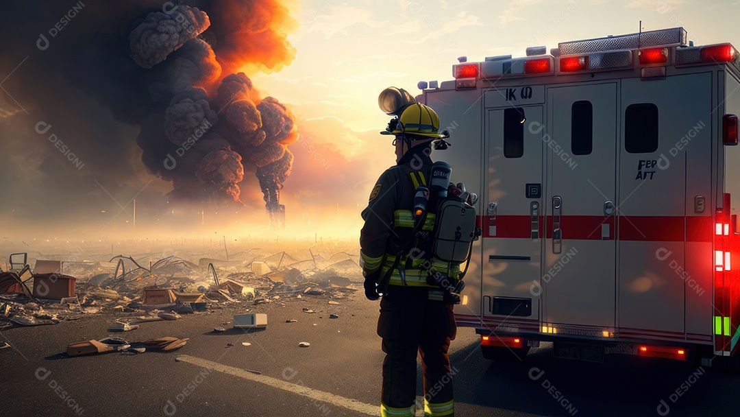 Imagem realista de bombeiro sobre vias publicas.