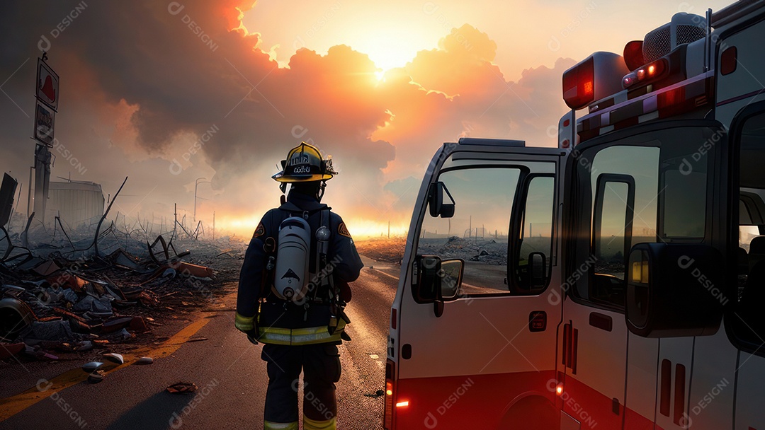 Imagem realista de bombeiro sobre vias publicas.