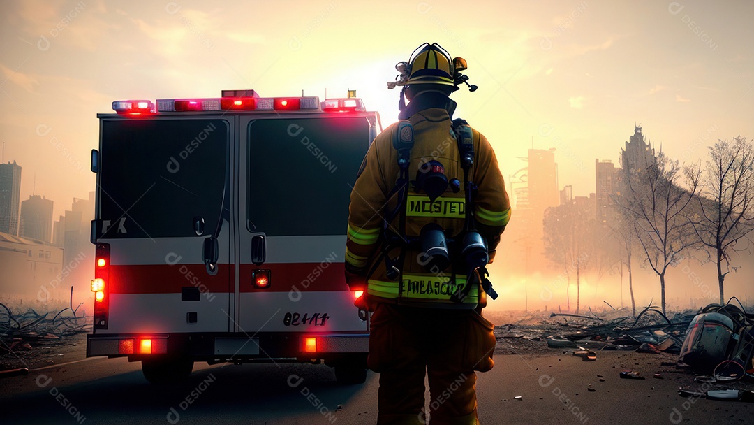 Imagem realista de bombeiro sobre vias publicas.