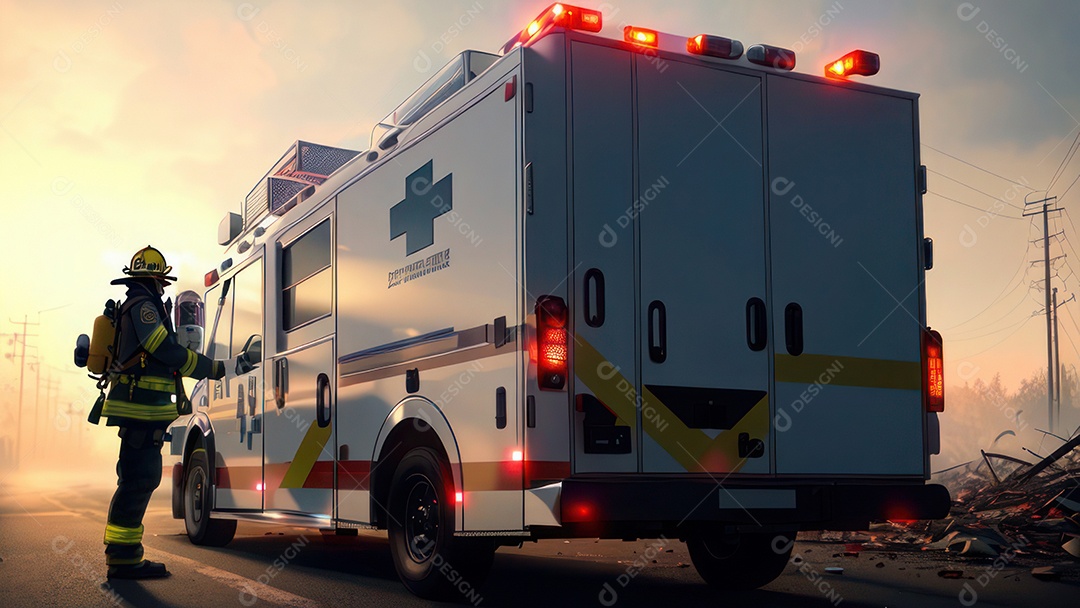 Imagem realista de bombeiro sobre vias publicas.