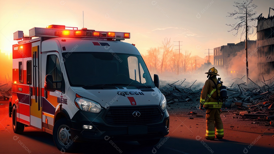 Imagem realista de bombeiro sobre vias publicas.