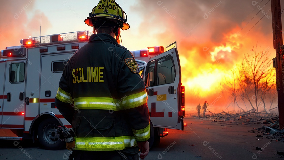 Imagem realista de bombeiro sobre vias publicas.