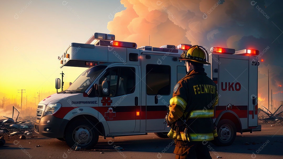 Imagem realista de bombeiro sobre vias publicas.