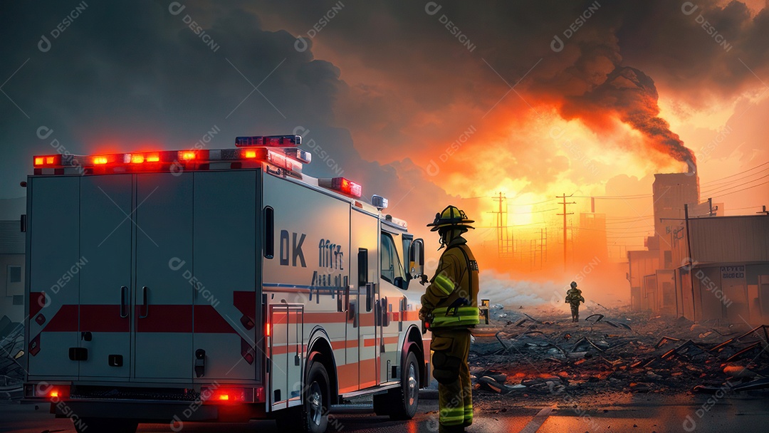 Imagem realista de bombeiro sobre vias publicas.