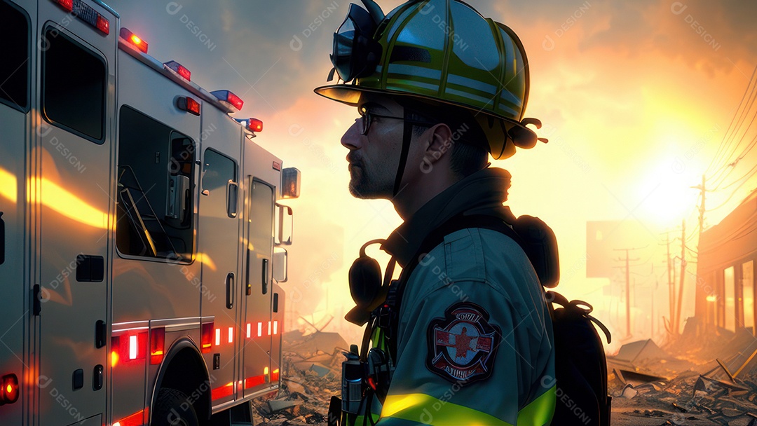 Imagem realista de bombeiro sobre vias publicas.