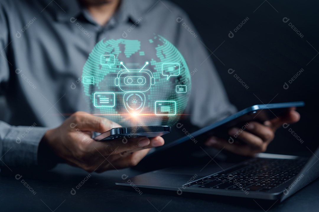 Empresário usando robô ai em inteligência de smartphone Ai.Chat bot com AI Artificial Intelligence