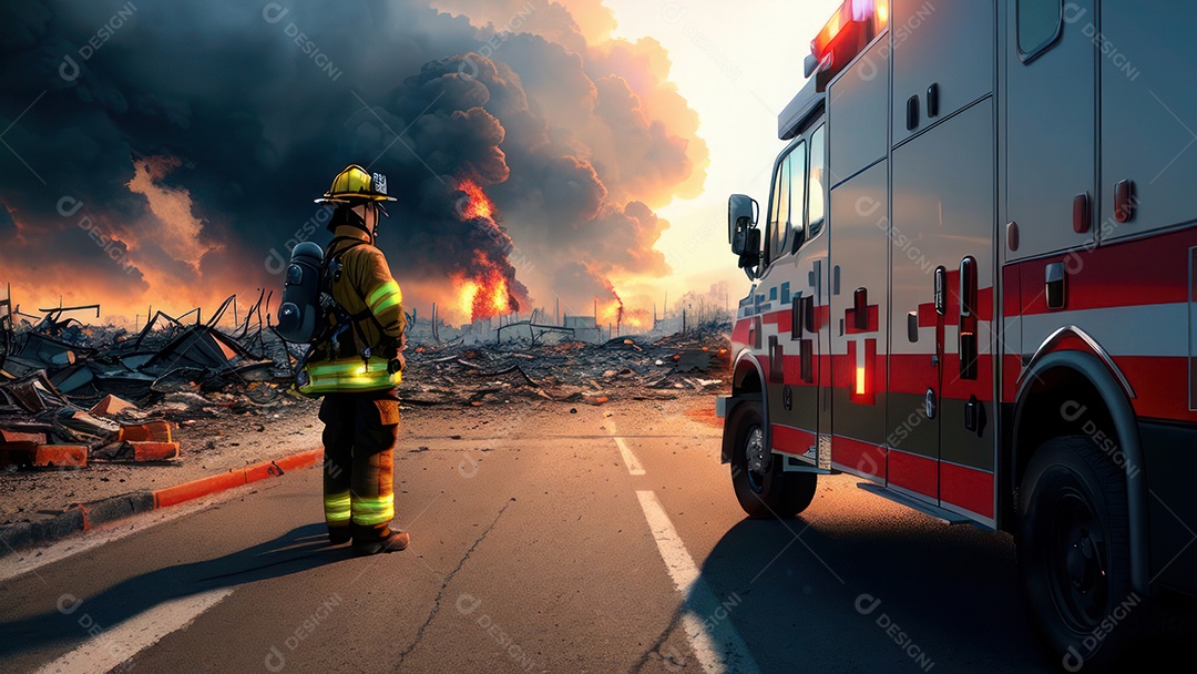 Imagem realista de bombeiro sobre vias publicas.