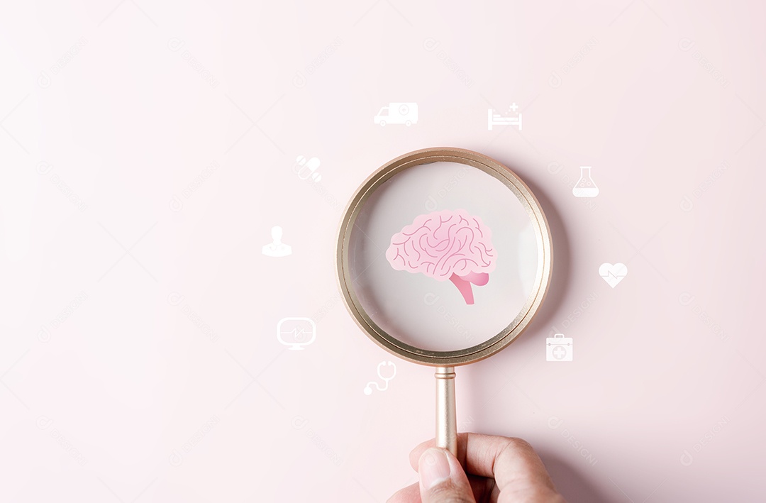Foco da lupa no ícone do cérebro humano, pensamento de inteligência criativa de ideia