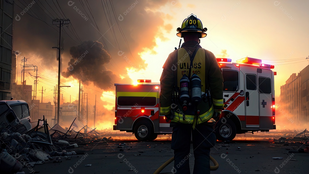 Imagem realista de bombeiro sobre vias publicas.