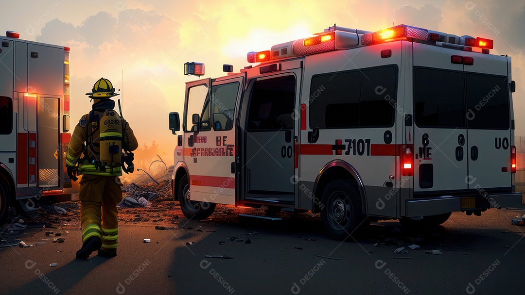 Imagem realista de bombeiro sobre vias publicas.