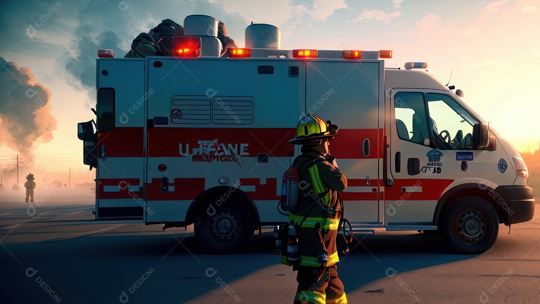 Imagem realista de bombeiro sobre vias publicas.