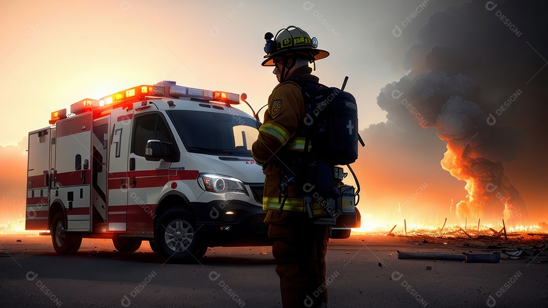 Imagem realista de bombeiro sobre vias publicas.