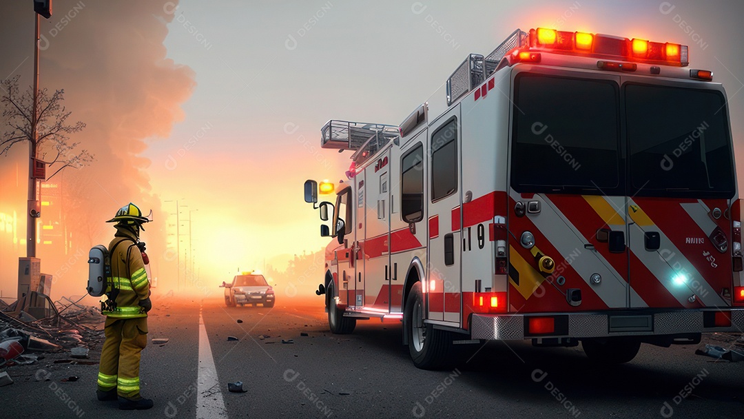 Imagem realista de bombeiro sobre vias publicas.