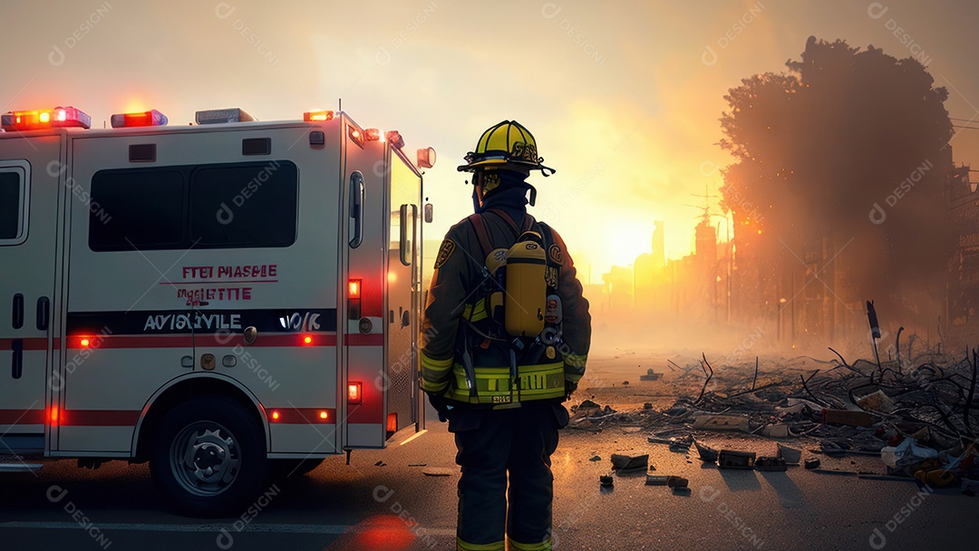 Imagem realista de bombeiro sobre vias publicas.