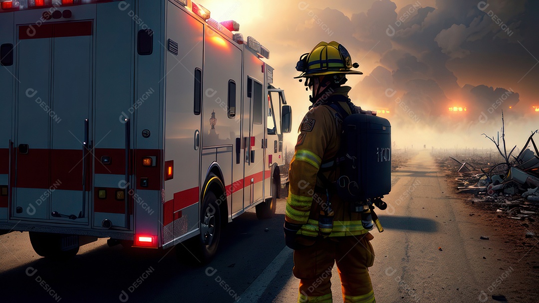 Imagem realista de bombeiro sobre vias publicas.