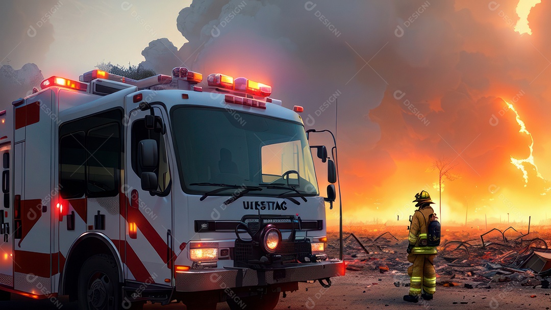 Imagem realista de bombeiro sobre vias publicas.