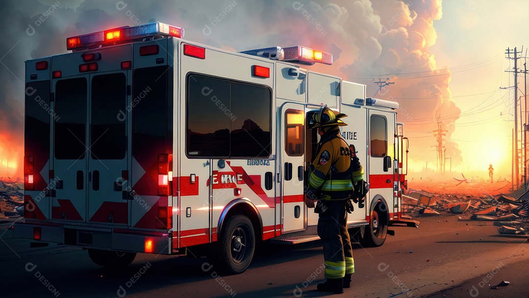 Imagem realista de bombeiro sobre vias publicas.