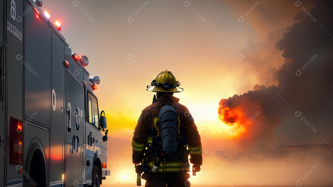 Imagem realista de bombeiro sobre vias publicas.