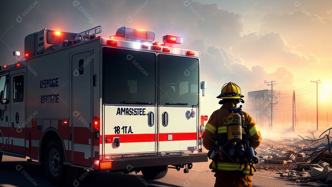 Imagem realista de bombeiro sobre vias publicas.