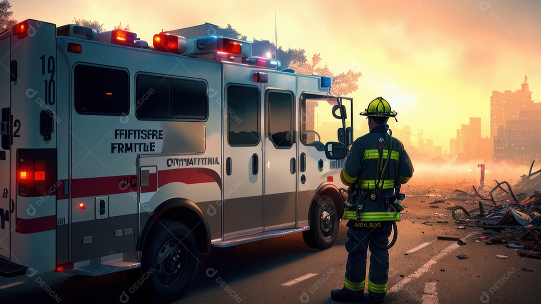 Imagem realista de bombeiro sobre vias publicas.