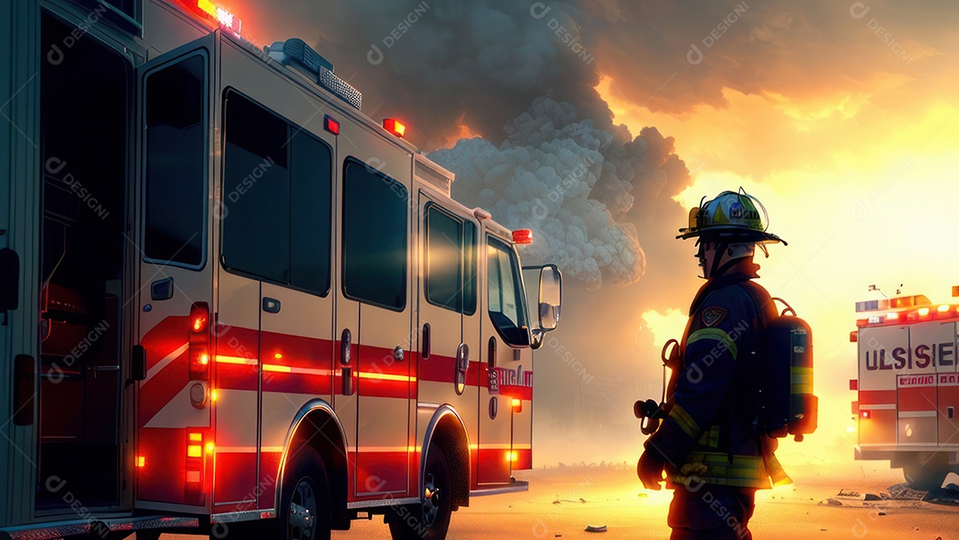 Imagem realista de bombeiro sobre vias publicas.