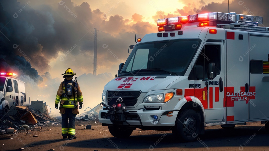 Imagem realista de bombeiro sobre vias publicas.