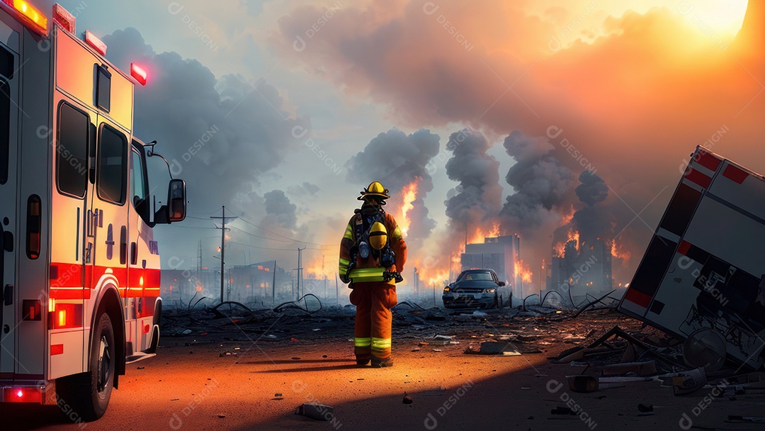 Imagem realista de bombeiro sobre vias publicas.