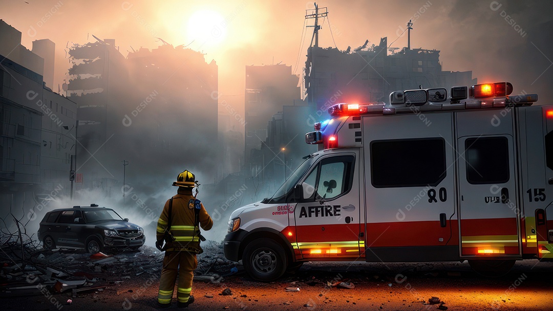 Imagem realista de bombeiro sobre vias publicas.