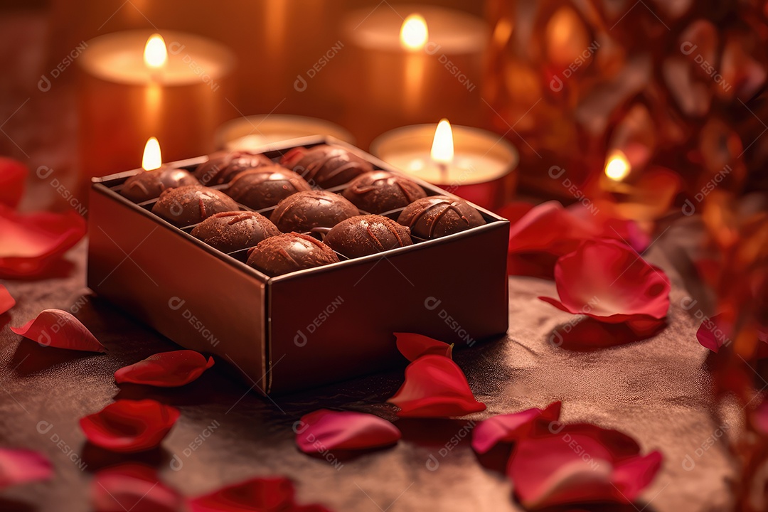 Caixa em formato de bombom de chocolate com pétalas de rosa dos gerado por IA