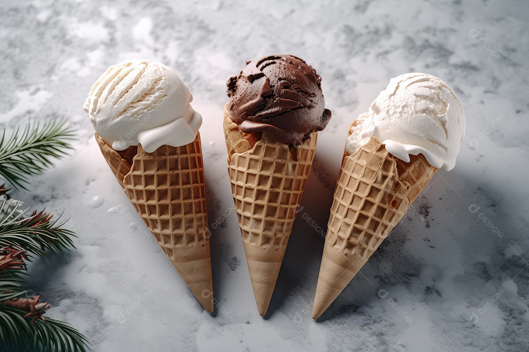 Bolas de sorvete de diferentes sabores e cores em cones sobre um fundo criativo e colorido