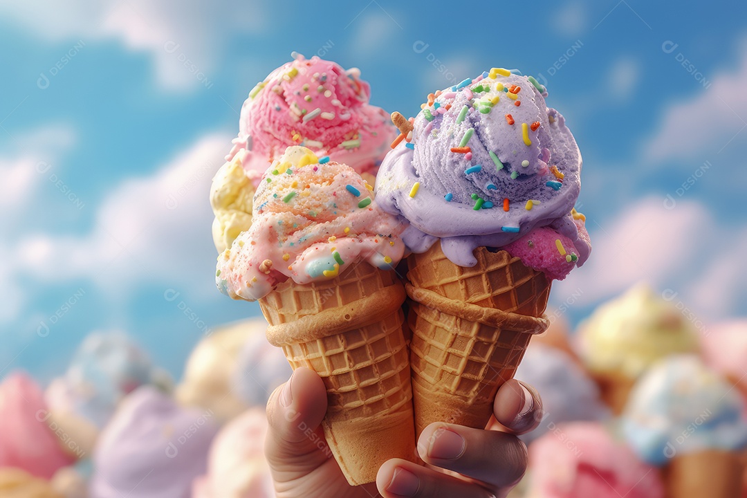 Bolas de sorvete de diferentes sabores e cores em cones sobre um fundo criativo e colorido