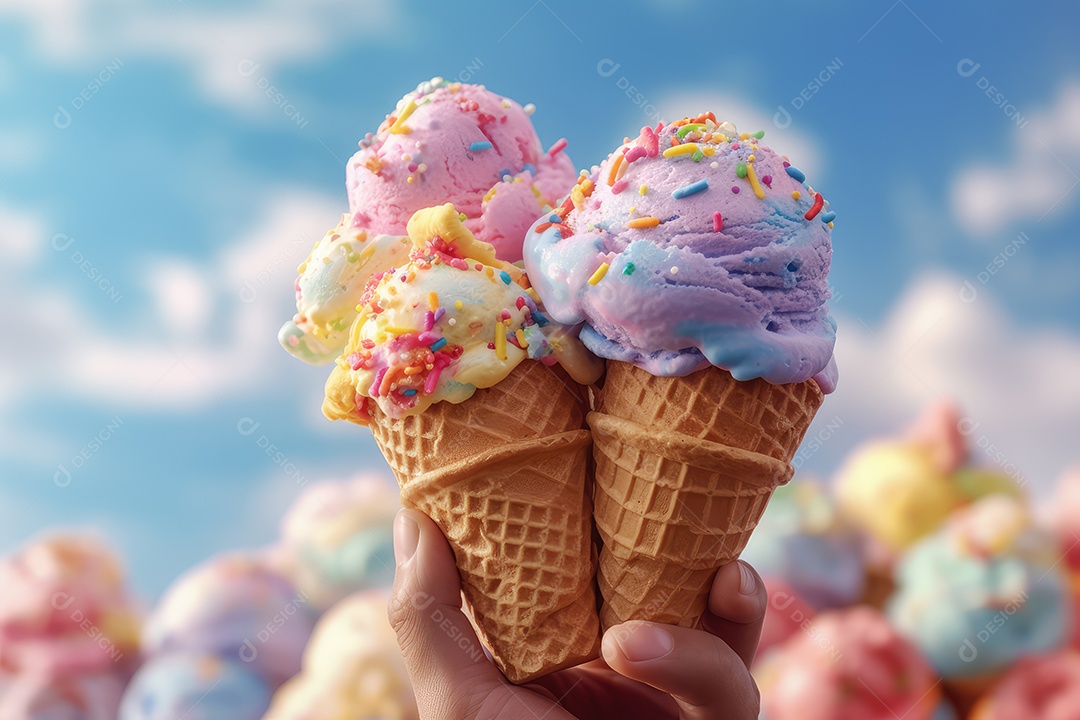 Bolas de sorvete de diferentes sabores e cores em cones sobre um fundo criativo e colorido